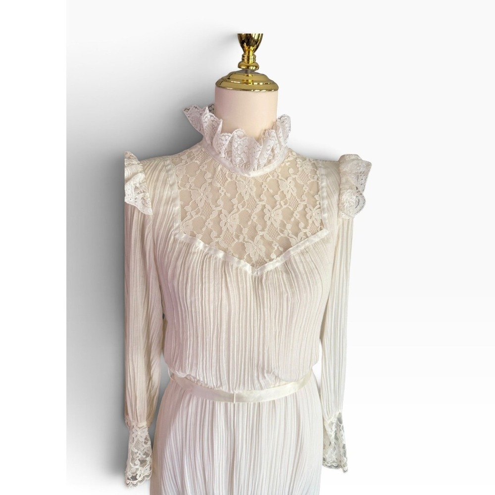 Vintage 70s Act I New York XS/Small Ivory Lace Prairie Wedding Dress Cottagecore - Picture 2 of 13